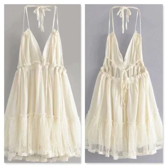 Backless Babydoll Short Dress in Beige - Picture 2 of 16